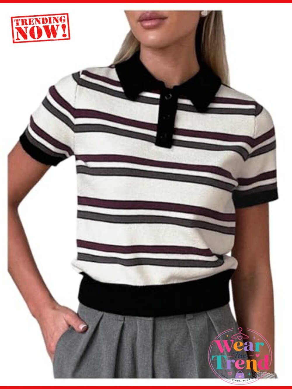 Women's Striped Knit Rugby Sweater Button Front Preppy Short Sleeve Top